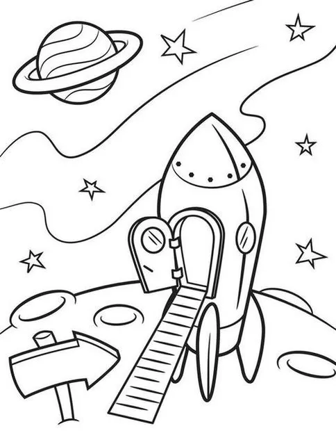 Foguete espacial em planeta alienígena: desenho para colorir com porta aberta, planeta com anéis e estrelas.