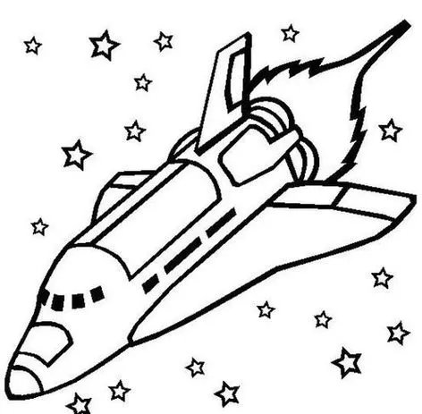 Ônibus espacial em voo no espaço sideral com propulsores em chamas, imagem para colorir.