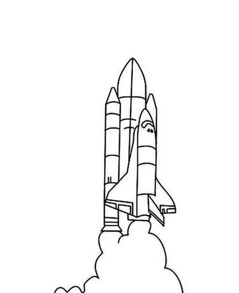 Ônibus espacial decolando da Terra em meio a nuvens de fumaça e chamas. Imagem detalhada de foguete com propulsores laterais e tanque de combustível central.