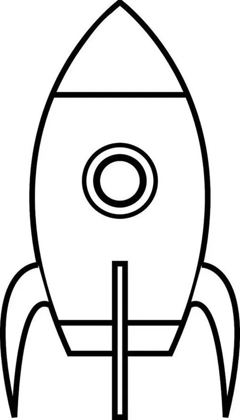 Foguete espacial para colorir: Desenho simples com janela circular e estabilizadores.