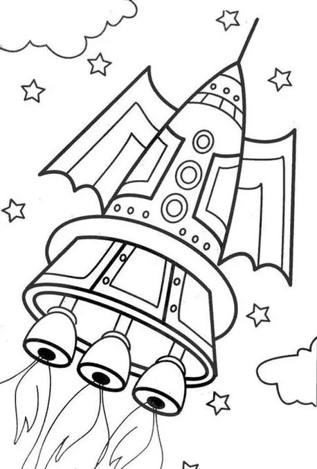 Foguete espacial turbinado em voo. Desenho detalhado com propulsão e design futurista, ideal para colorir.