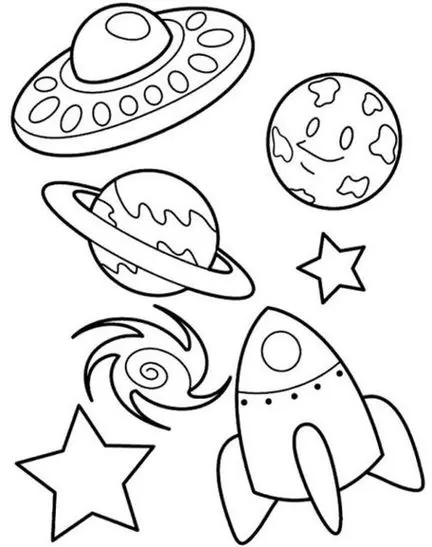Desenho de temática espacial: disco voador, planetas, galáxia, foguete e estrelas para colorir.
