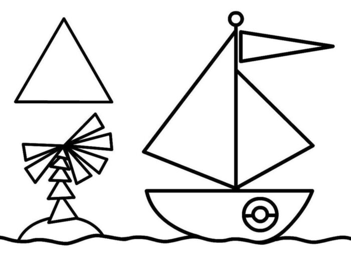 Desenho de barco à vela no mar com ilha ao fundo. Formas geométricas e design minimalista.