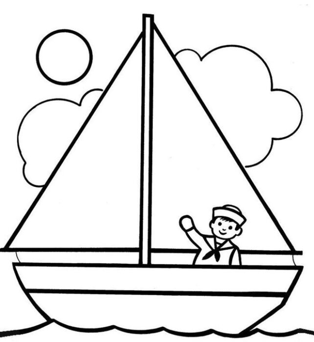 Barco à vela em alto mar com marinheiro acenando. Desenho com formas geométricas.