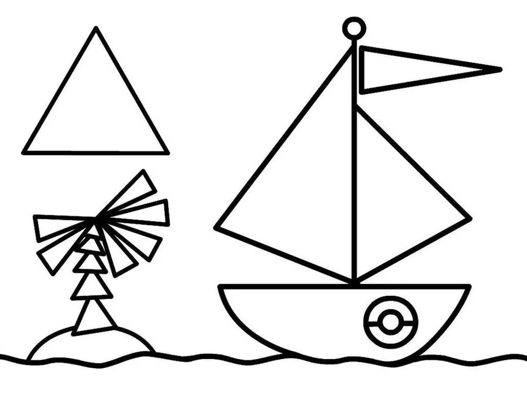 Desenho de barco à vela no mar com ilha ao fundo. Formas geométricas e design minimalista.