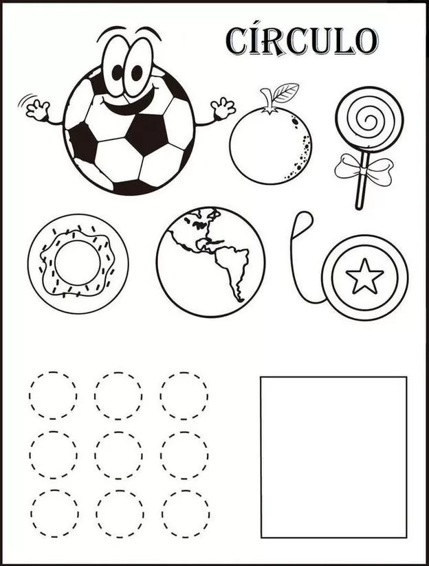 Formas geométricas tarefas Círculo Atividade com a forma geométrica círculo: bola de futebol, laranja, pirulito, rosquinha, planeta Terra e exercícios de desenho com círculos.