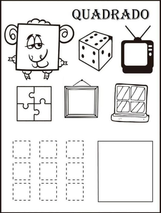 Formas geométricas tarefas Quadrado Atividade com objetos e formas quadradas: ovelha, dado, TV, quebra-cabeça, quadro, janela e exercícios com quadrados para completar.