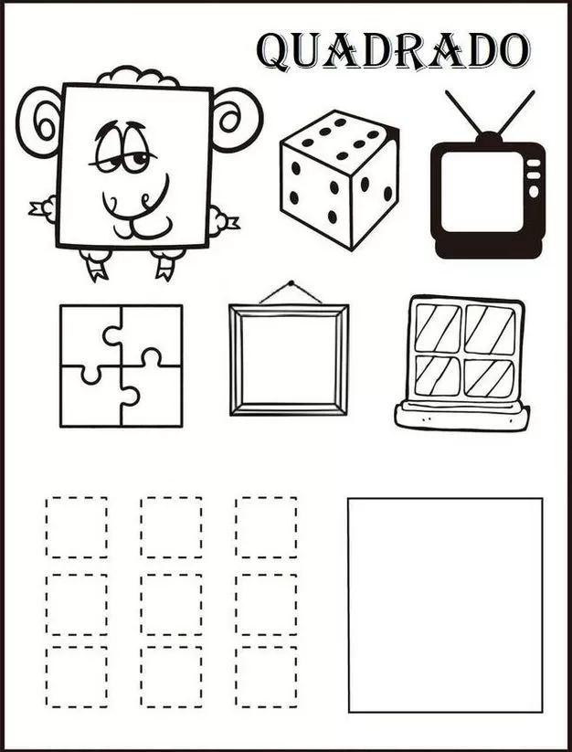 Formas geométricas tarefas Quadrado Atividade com objetos e formas quadradas: ovelha, dado, TV, quebra-cabeça, quadro, janela e exercícios com quadrados para completar.