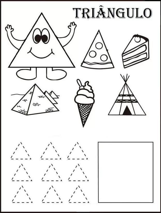 Formas geométricas tarefas Triangulo Triângulos no dia a dia: pizza, pirâmide, sorvete e tenda. Atividade geométrica com formas triangulares.