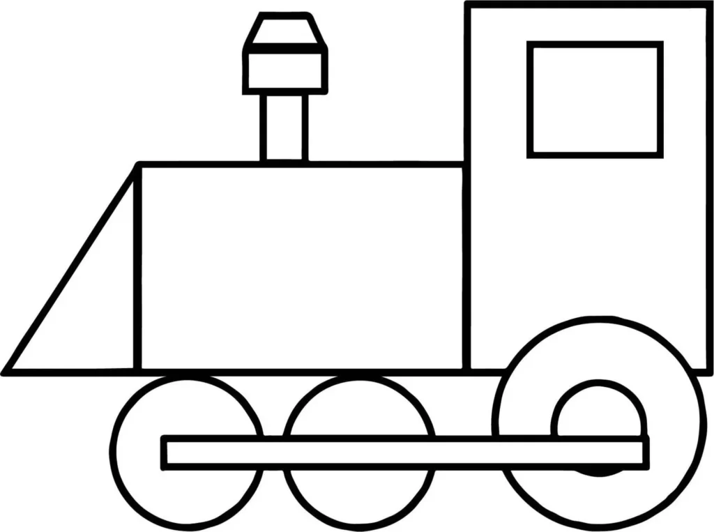 Trem de formas geométricas: locomotiva com triângulo, retângulo e círculos.