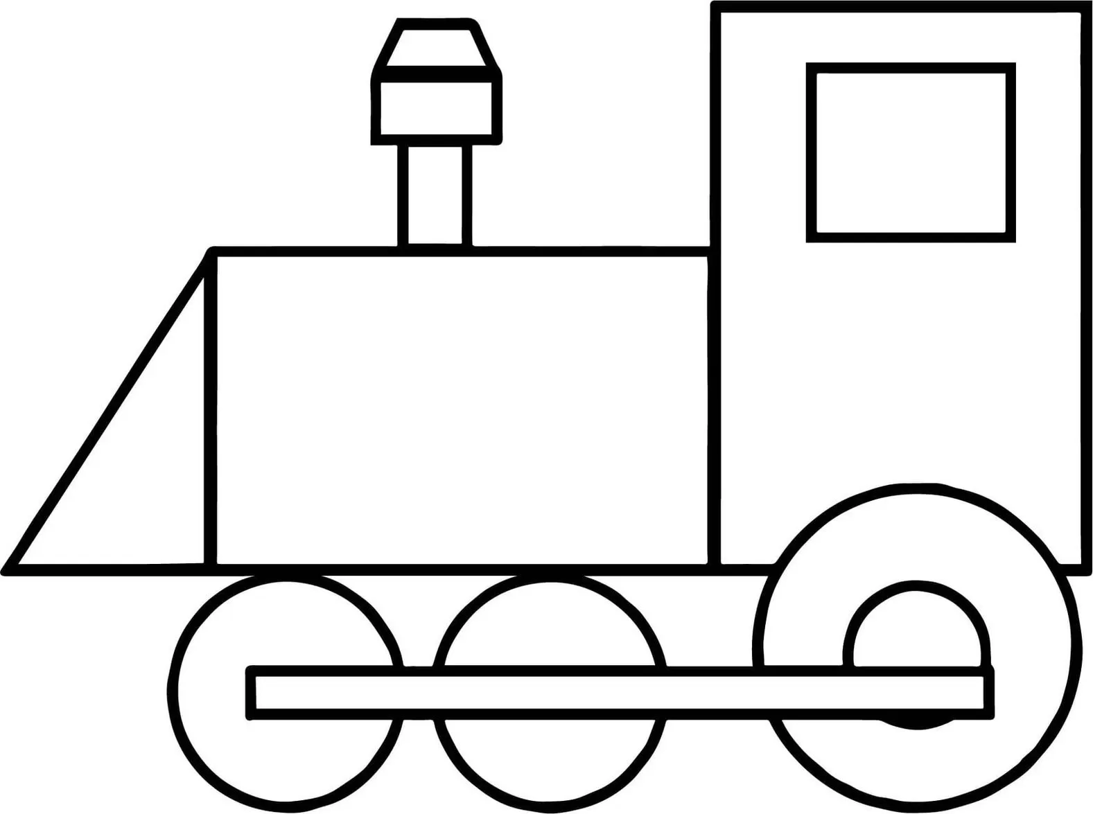 Trem de formas geométricas: locomotiva com triângulo, retângulo e círculos.