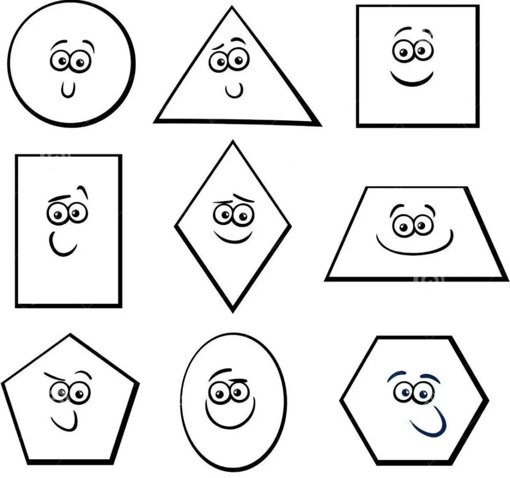 Figuras geométricas com rostos expressivos: círculo, triângulo, quadrado e mais, exibindo diversas emoções.