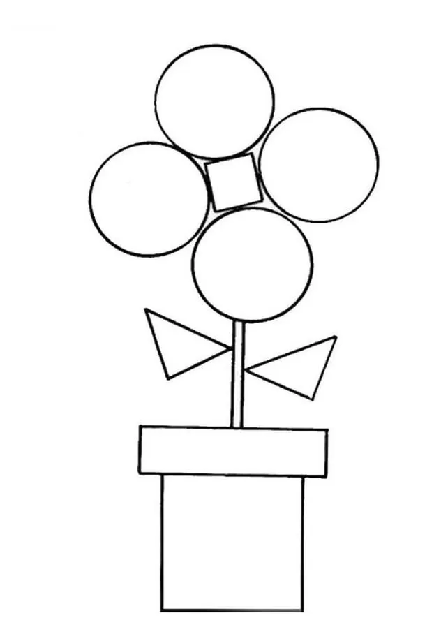 Desenhos para colorir em PDF de formas geométricas. A imagem contém círculos e quadrados em forma de vaso com flor 