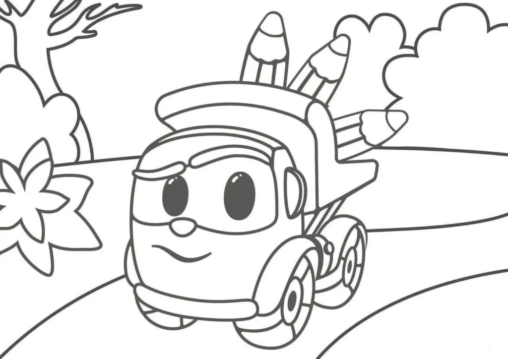 Desenhos de Léo o Caminhão para colorir Viajando Léo, o Caminhão em desenho animado pronto para colorir! Aventura de colorir com lápis viajantes e cenário divertido. Atividade criativa com Léo.
