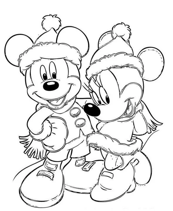 Mickey e Minnie Mouse em desenhos de inverno para colorir: atividades criativas e agasalhadas.