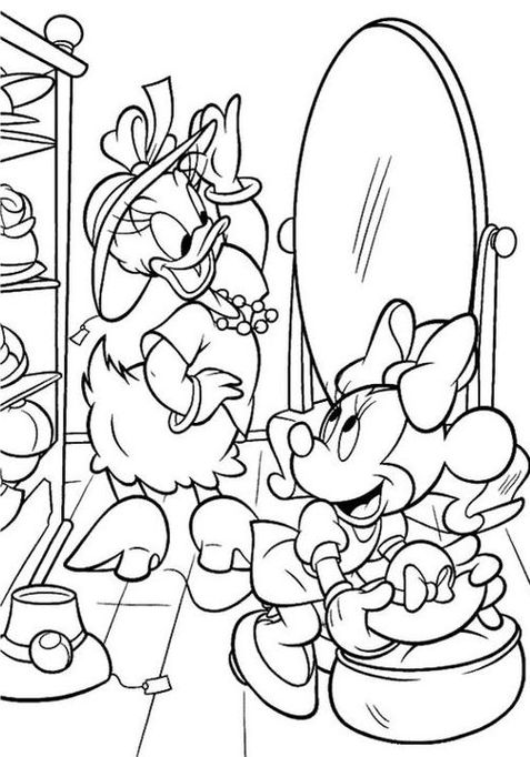 Mickey, Minnie e Margarida na loja de chapéus: desenho para colorir. Arte Disney com foco na escolha de acessórios, com Margarida usando chapéu elegante e Minnie experimentando um chapéu com laço.