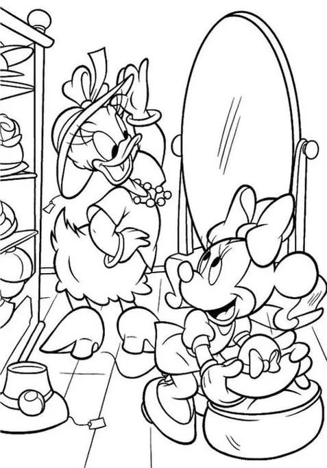 Mickey, Minnie e Margarida na loja de chapéus: desenho para colorir. Arte Disney com foco na escolha de acessórios, com Margarida usando chapéu elegante e Minnie experimentando um chapéu com laço.