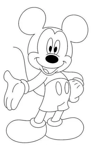 Mickey Mouse para colorir: Desenho divertido do personagem Disney sorrindo e acenando para atividades criativas.