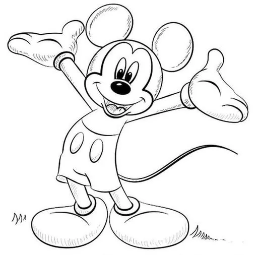 Mickey Mouse sorrindo: imagem para colorir com o personagem clássico da Disney em pose amigável e grama ao redor.
