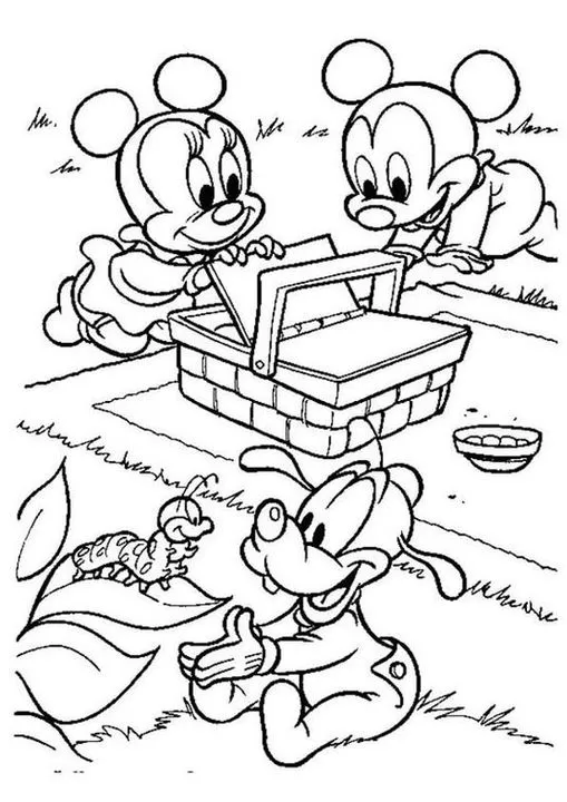 Mickey e Minnie bebês em piquenique para colorir: Pluto, cesta de piquenique e lagarta sorridente em cena divertida.