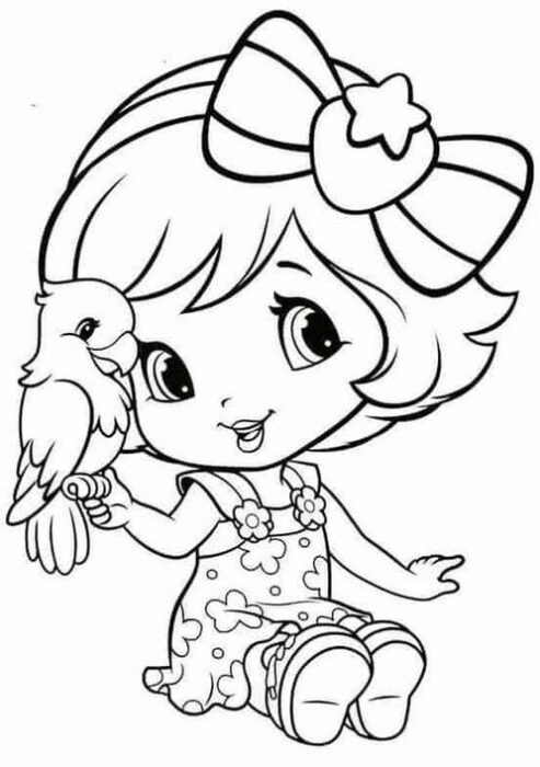Moranguinho Baby para colorir: desenho de menina com laço e passarinho.