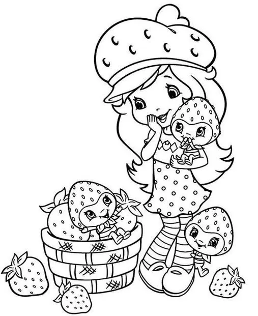 Moranguinho para colorir: cena adorável com cesta de morangos e bebês. Estimule a imaginação com esta atividade divertida.