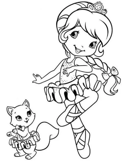 Moranguinho bailarina para colorir: Desenhos encantadores da Moranguinho dançando balé com sua gatinha.