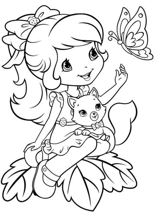 Moranguinho com gatinho e borboleta: Desenho para colorir que estimula a imaginação e o talento artístico.