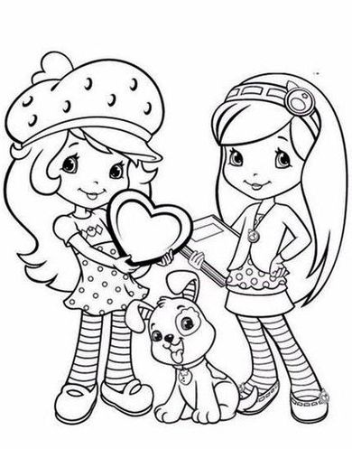 Moranguinho e amiga colorindo juntas: aprendizado divertido com cachorrinho. Desenho da Moranguinho para crianças.