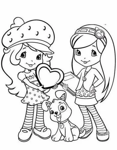 Moranguinho e amiga colorindo juntas: aprendizado divertido com cachorrinho. Desenho da Moranguinho para crianças.
