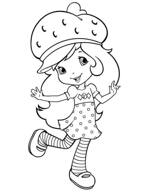 Moranguinho para colorir: Desenho detalhado da personagem com chapéu de morango, ideal para atividades criativas e momentos divertidos.