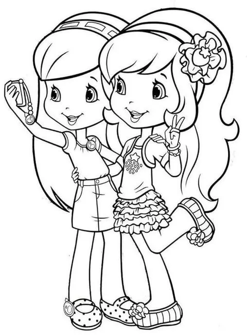 Moranguinho e amiga tirando selfie: Desenho para colorir com detalhes e acessórios.
