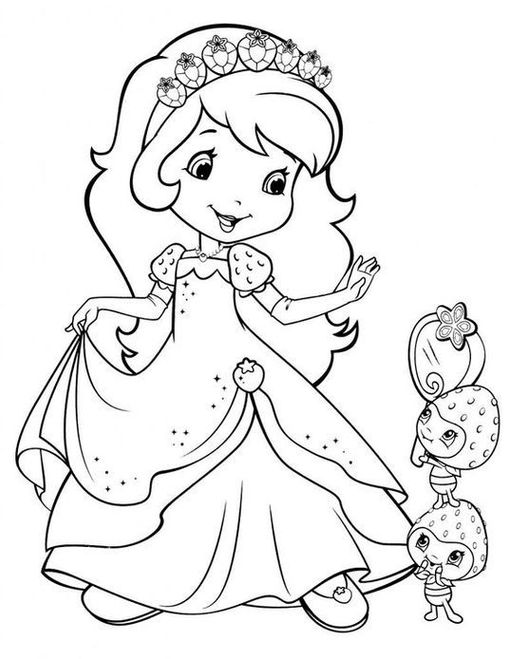 Moranguinho Princesa para colorir: desenho da Moranguinho em vestido de baile com morangos amigos. Atividade criativa de colorir.