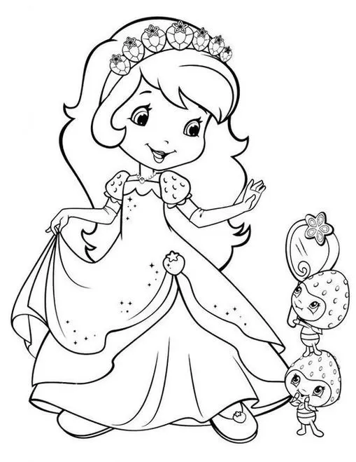 Moranguinho Princesa para colorir: desenho da Moranguinho em vestido de baile com morangos amigos. Atividade criativa de colorir.