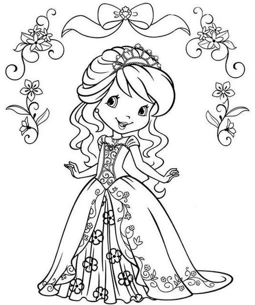 Moranguinho Princesa para colorir: Desenho encantador de princesa Moranguinho com tiara e vestido floral.