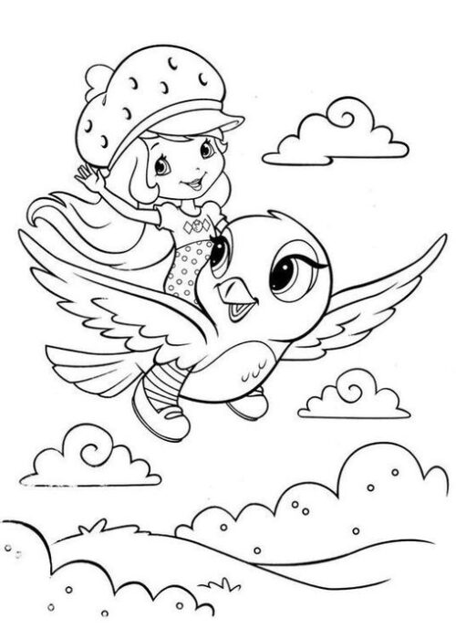 Moranguinho voando em um pássaro: desenho para colorir cheio de alegria e aventura. Dê vida à Moranguinho com suas cores favoritas!