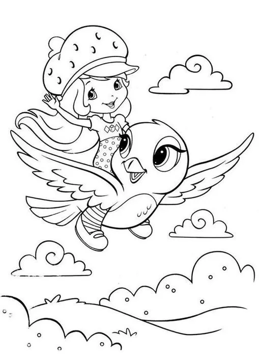 Moranguinho voando em um pássaro: desenho para colorir cheio de alegria e aventura. Dê vida à Moranguinho com suas cores favoritas!