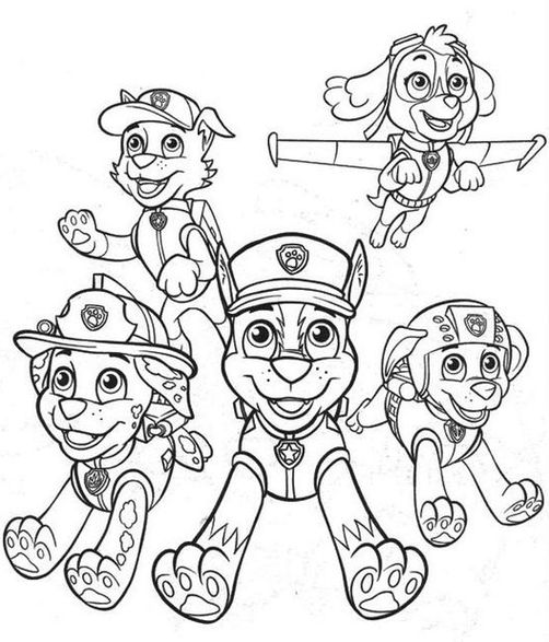 Desenhos para colorir da Patrulha Canina: Chase e amigos prontos para a aventura! Rocky, Skye, Marshall, Chase e Rubble sorrindo.