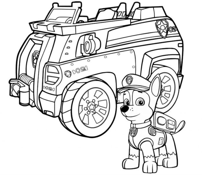 Chase da Patrulha Canina para colorir: Filhote policial no carro da polícia pronto para aventura. Desenho detalhado com número '024'.