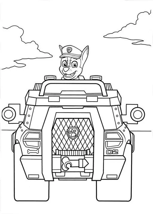 Chase da Patrulha Canina no carro de polícia: desenho para colorir. Criança se diverte pintando o herói canino em ação!