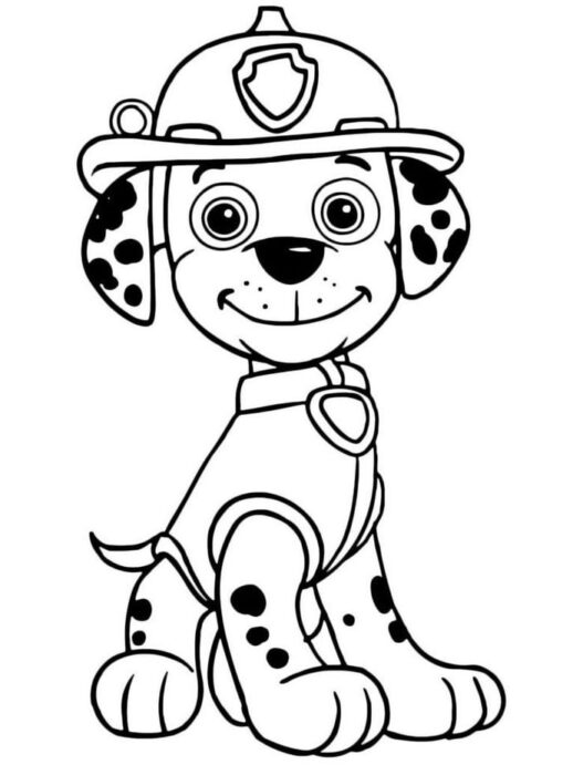 Marshall da Patrulha Canina para pintar: desenho do dálmata bombeiro sorrindo, ideal para atividades artísticas.