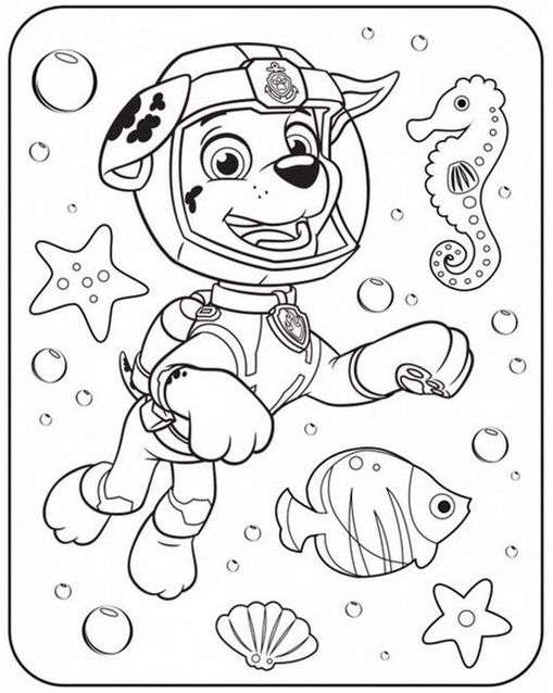 Marshall da Patrulha Canina no fundo do mar: Aventura para colorir com vida marinha. Desenho com Marshall mergulhando, cercado por estrela do mar e cavalo marinho.
