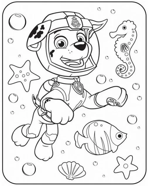 Marshall da Patrulha Canina no fundo do mar: Aventura para colorir com vida marinha. Desenho com Marshall mergulhando, cercado por estrela do mar e cavalo marinho.
