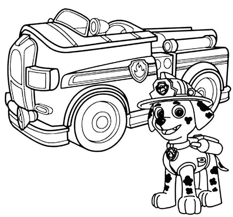 Marshall da Patrulha Canina no carro de bombeiro para colorir: Atividade criativa com seu herói favorito.