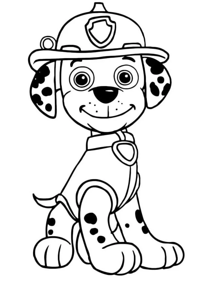 Marshall da Patrulha Canina para pintar: desenho do dálmata bombeiro sorrindo, ideal para atividades artísticas.