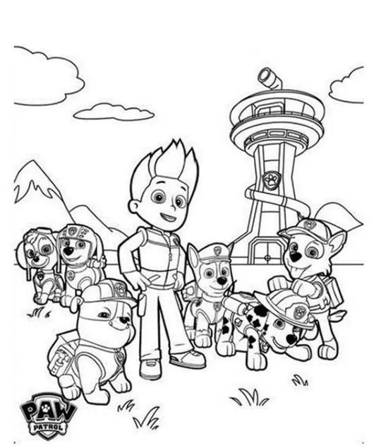 Patrulha Canina no farol: Desenho para colorir com Ryder e os filhotes em ação. Atividade divertida para crianças.