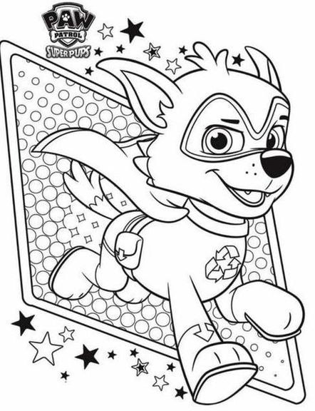 Rocky Super Filhote para colorir: Desenho do herói da Patrulha Canina em ação com uniforme e símbolo da reciclagem.