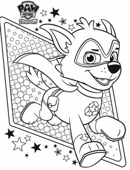 Rocky Super Filhote para colorir: Desenho do herói da Patrulha Canina em ação com uniforme e símbolo da reciclagem.