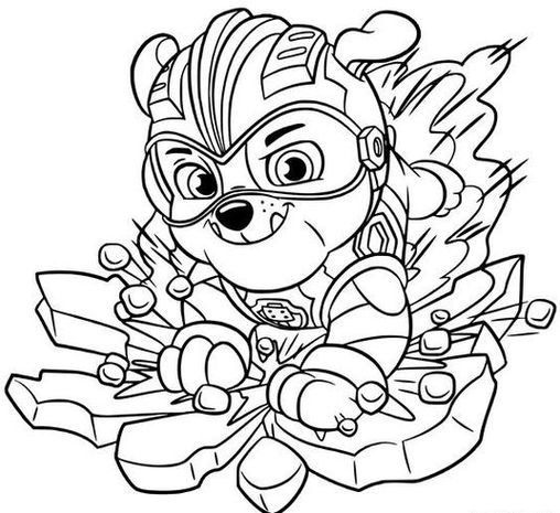 Rubble da Patrulha Canina super-herói para colorir! Imagem do filhote construtor em pose de ação.