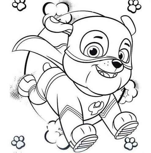 Rubble da Patrulha Canina super-herói para colorir. Desenho do Rubble correndo com capa e máscara, ideal para atividades criativas.